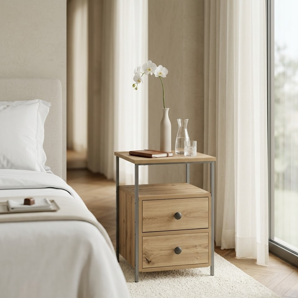 Table de chevet chene artisanal cadre metal en chambre - design industriel contemporain