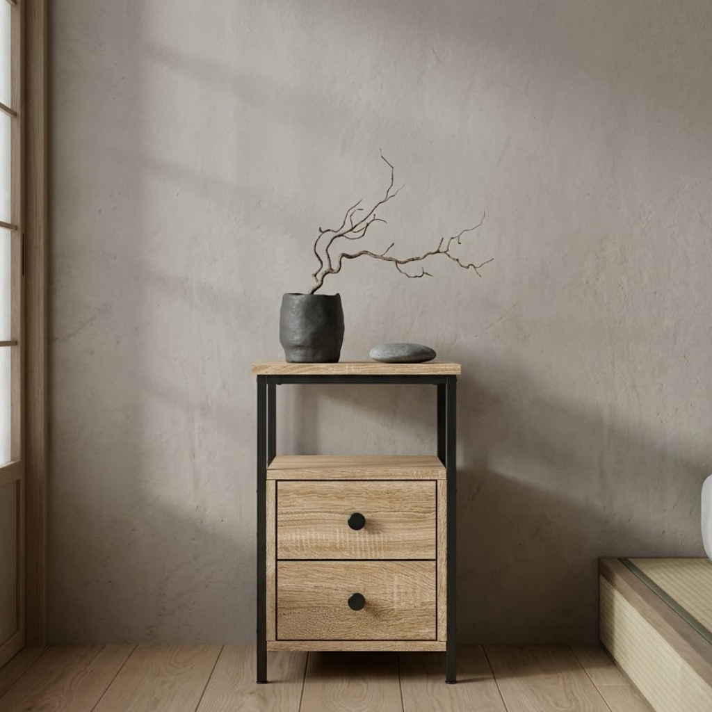 Table de chevet design chene sonoma metal en chambre - style contemporain bois chaleureux