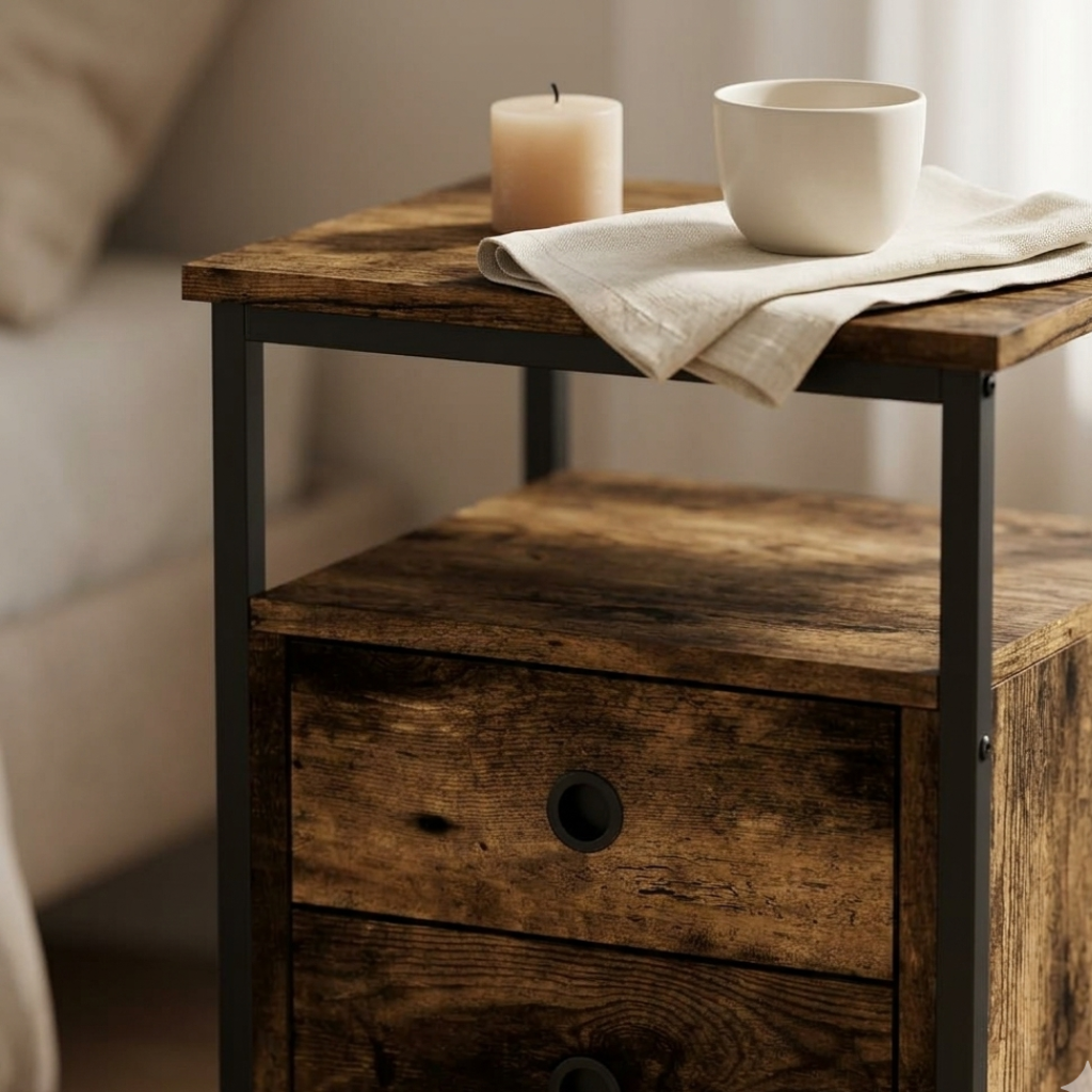 Table de chevet chene fume cadre fer en chambre - ambiance sombre et sophistiquee
