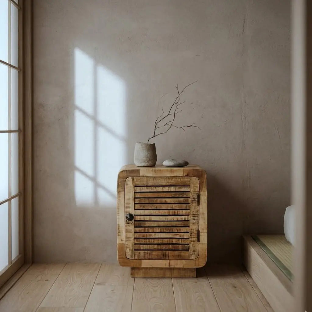 Vue de face table de chevet manguier lamelles - porte bois brut et rangement cache chambre
