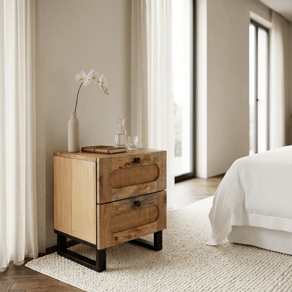 Vue face table chevet manguier 2 tiroirs 40x33 - bois rangement chambre naturelle