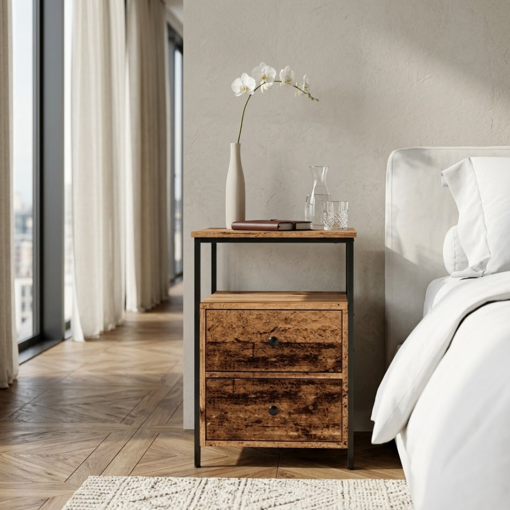 Vue de face table de chevet design vieux bois - 2 tiroirs patines et pieds metal chambre
