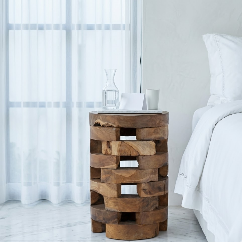 Vue de dessus table de chevet teck massif organique - plateau sculpte design naturel chambre