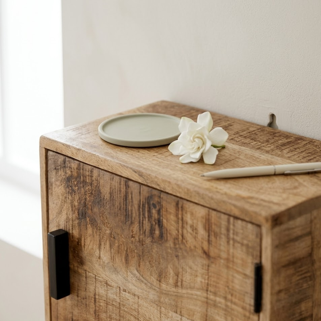 Vue de profil table de chevet manguier murale - epaisseur plateau et fixation bois chambre