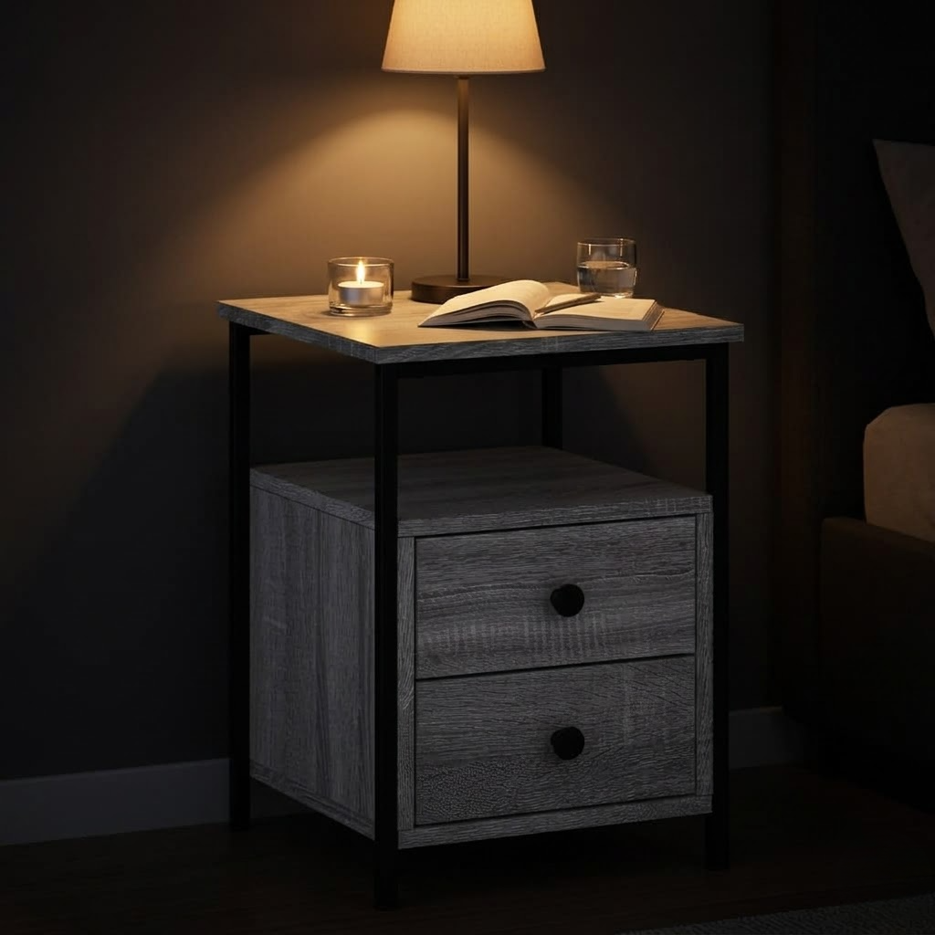 Vue de face table de chevet design sonoma gris - 2 tiroirs et pieds metal noir chambre