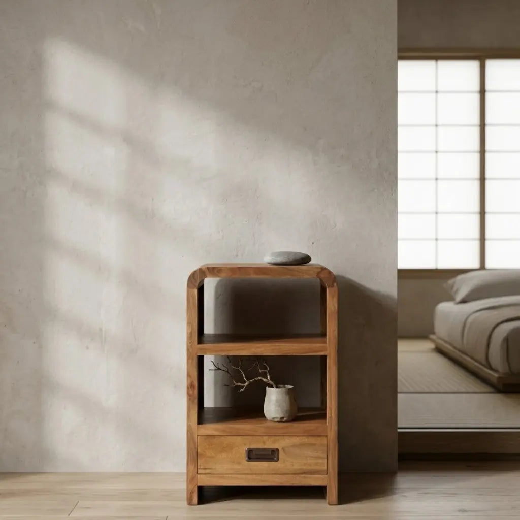 Table de chevet acacia massif finition miel — 2 niches, 1 tiroir, 40×30×60 cm | Elymnora Elymnora