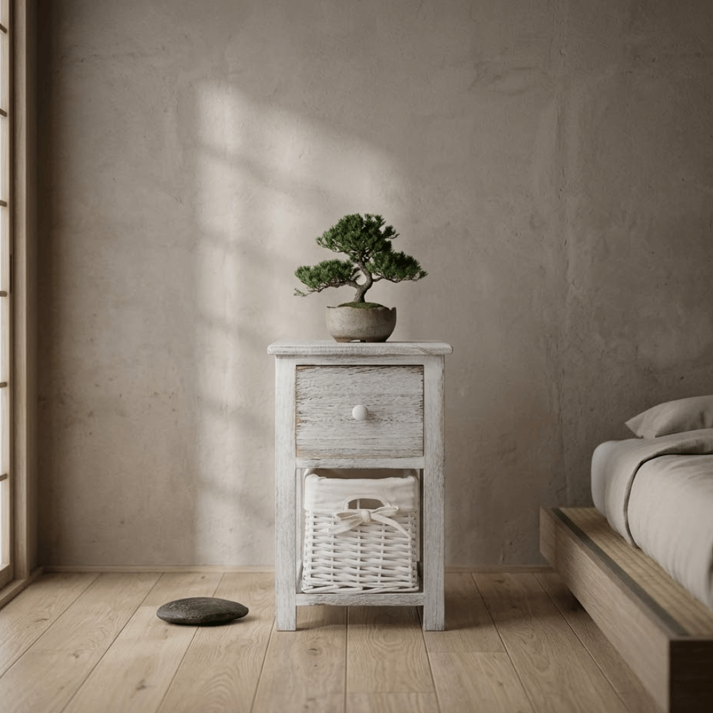 Vue face table chevet osier blanc tiroir panier - rangement chambre bohème
