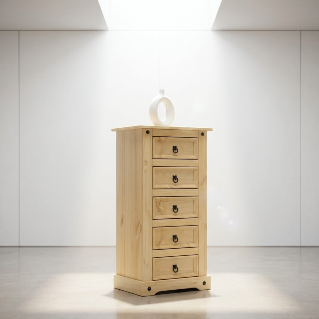 Vue de face table de chevet corona pin 5 tiroirs - rangement complet et bois massif chambre