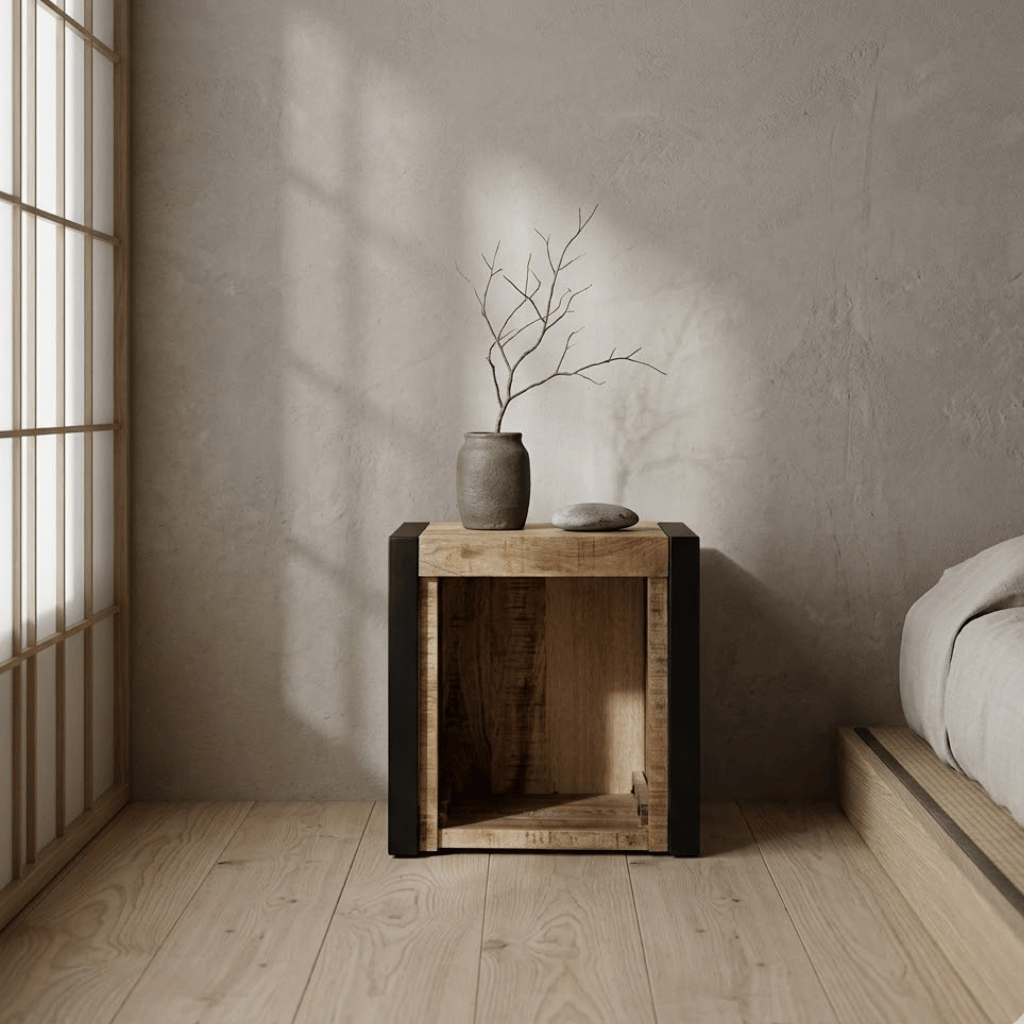 Table chevet manguier brut cube en chambre - style wabi-sabi japandi naturel