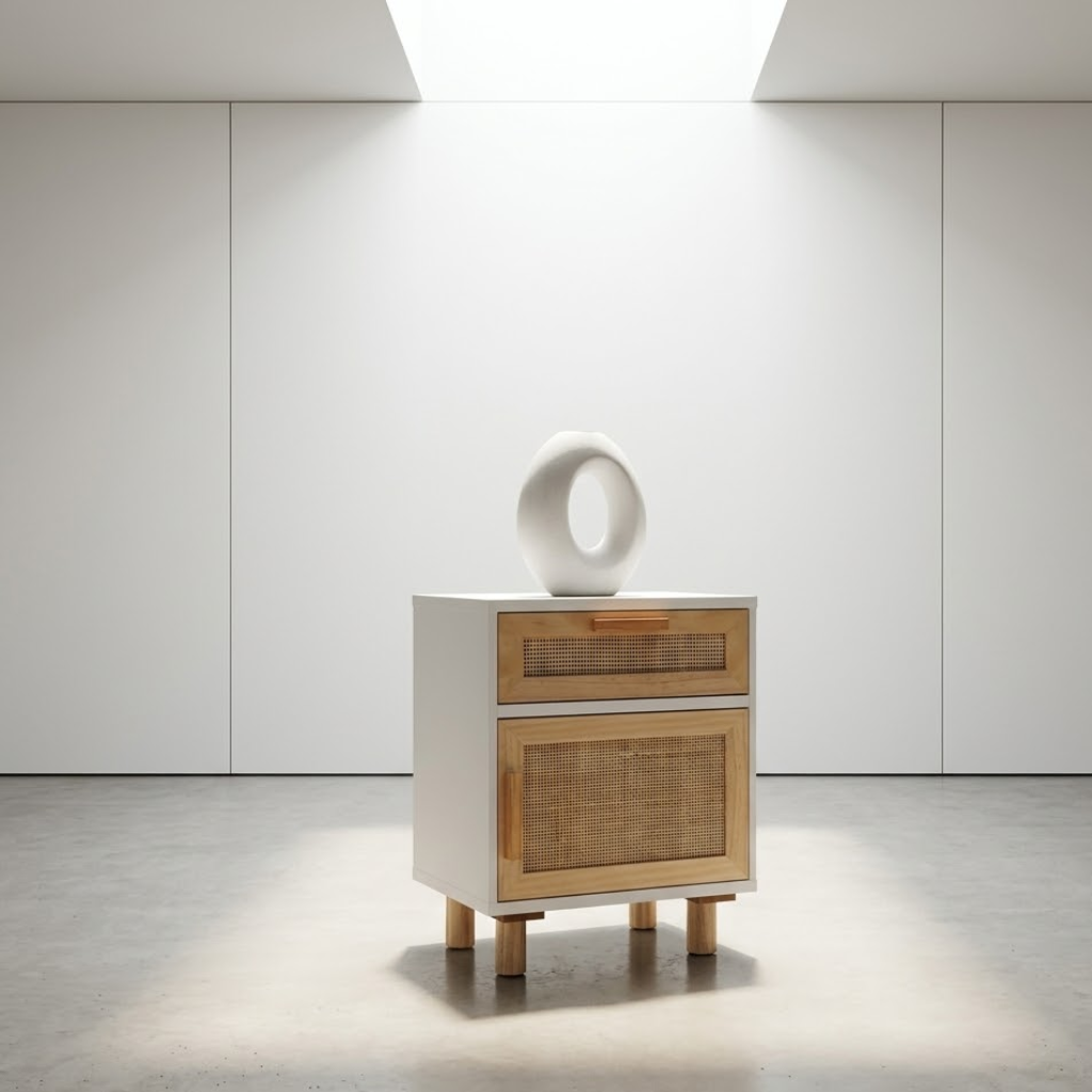 Interieur porte table de chevet rotin blanc - rangement cache et decoration chambre