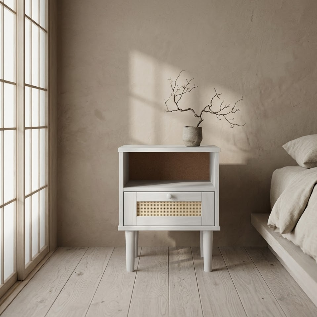Vue de dessus table de chevet blanche rotin - plateau pin massif laque, rangement chambre