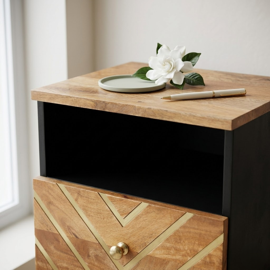Table de chevet manguier noir laiton dore vue 3/4 - contraste bois sombre et metal chambre