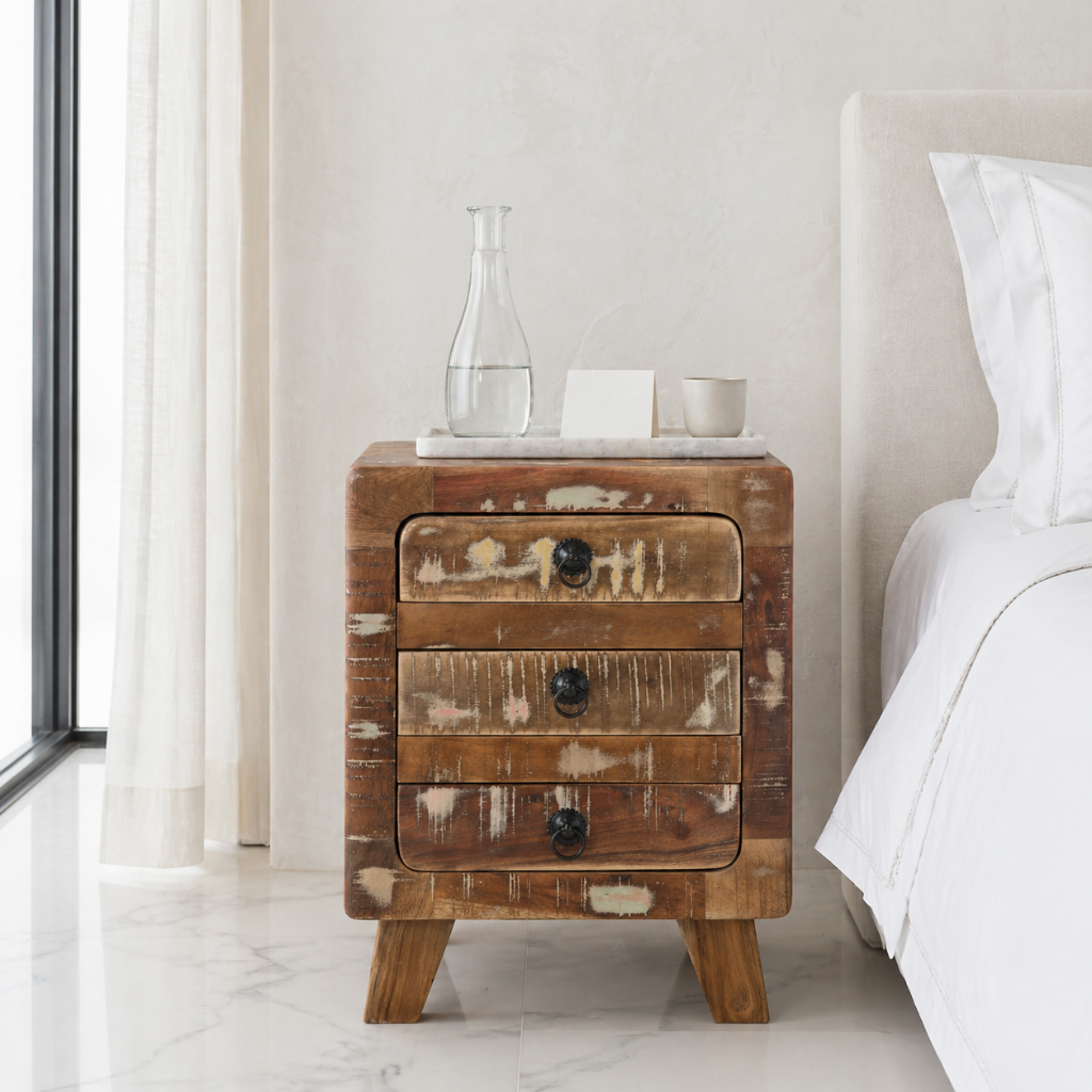Vue arriere table de chevet bois de recuperation - finition soignee et structure chambre