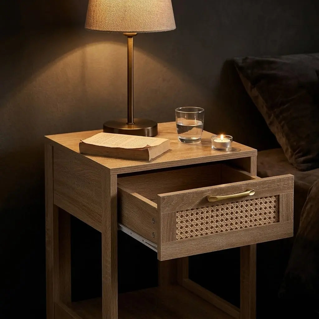 Vue de dessus table de chevet chene rotin - plateau bois clair et rangement chambre