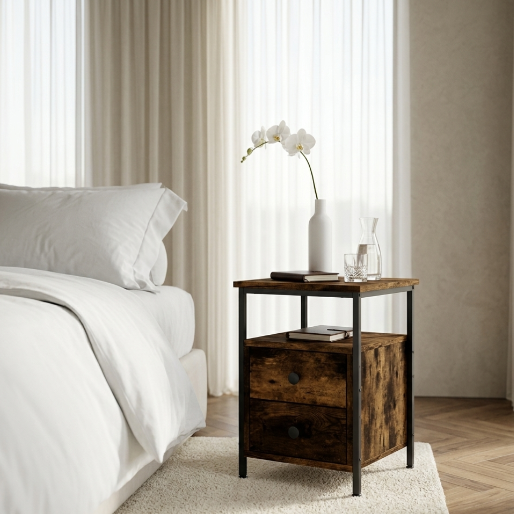 Vue de face table de chevet design chene fume - 2 tiroirs et pieds fer noirs chambre