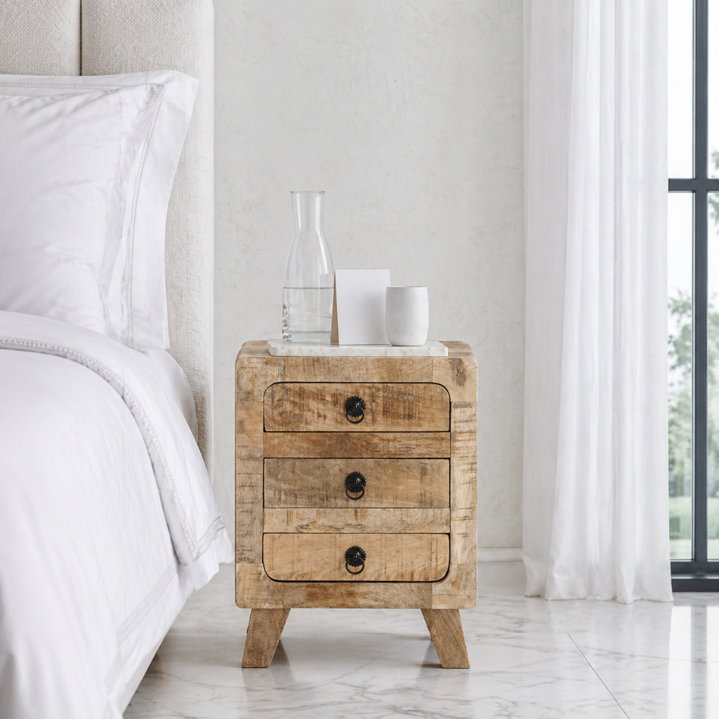 Vue de face table de chevet manguier massif brut 3 tiroirs - bois brut et rangement chambre