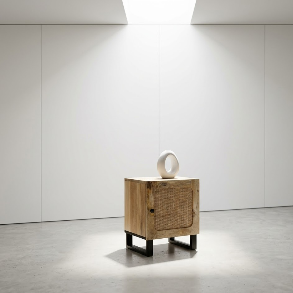 Vue de face table de chevet rotin manguier - corps rotin, plateau bois et pieds metal chambre