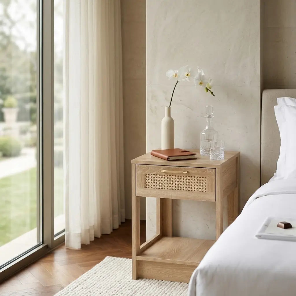 Vue arriere table de chevet chene naturel rotin - finition propre et structure bois chambre